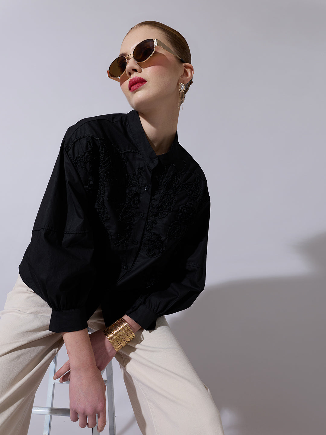 Women's Floral Embroidered Black Button-Down Shirt