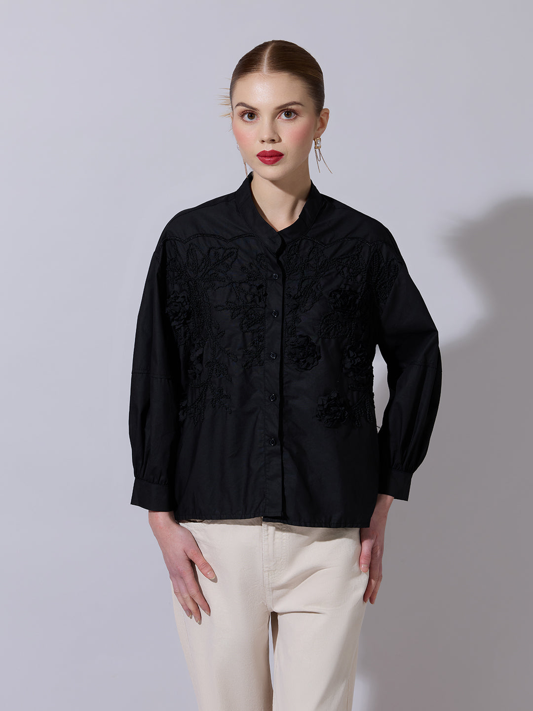 Women's Floral Embroidered Black Button-Down Shirt