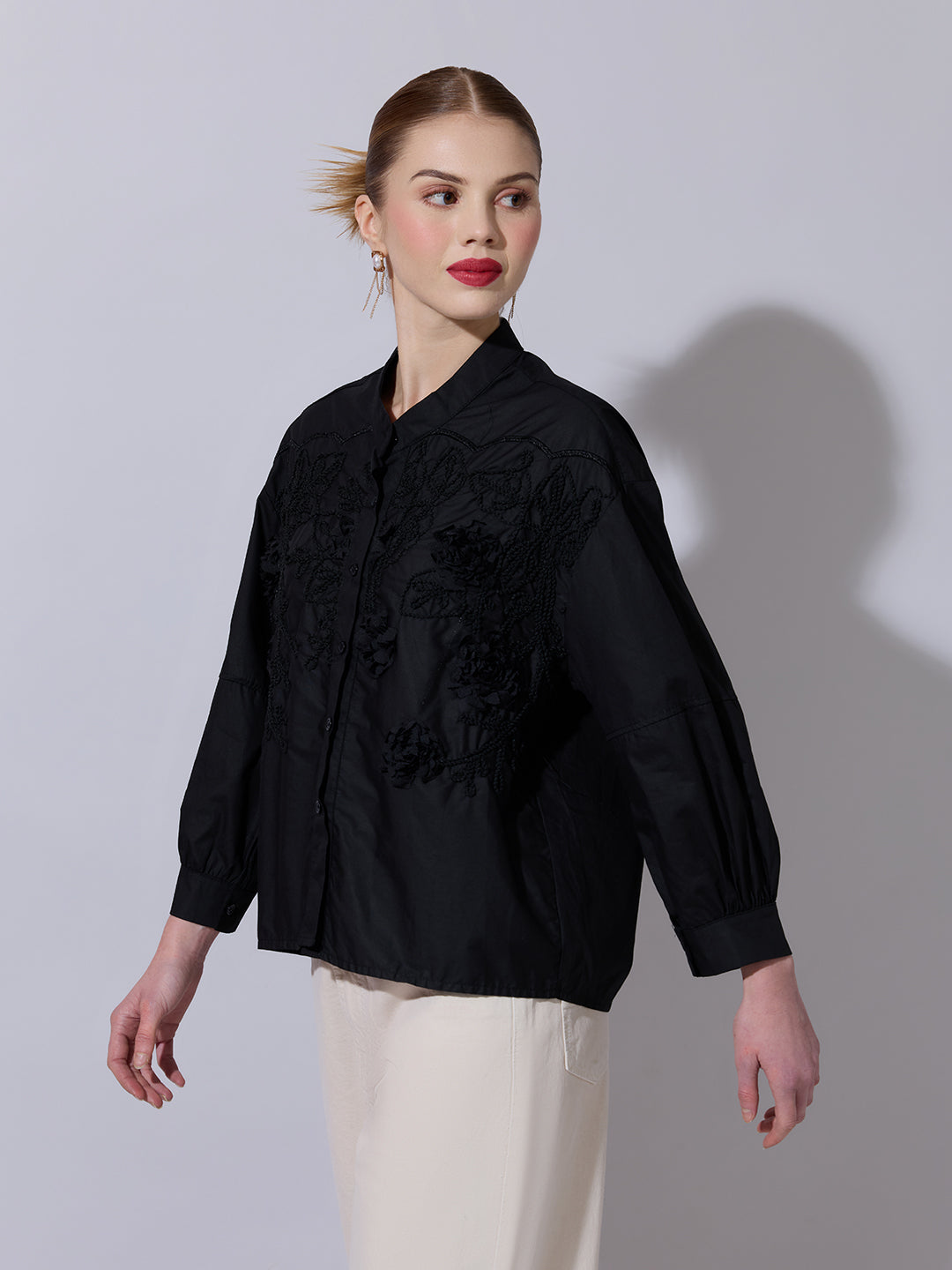 Women's Floral Embroidered Black Button-Down Shirt