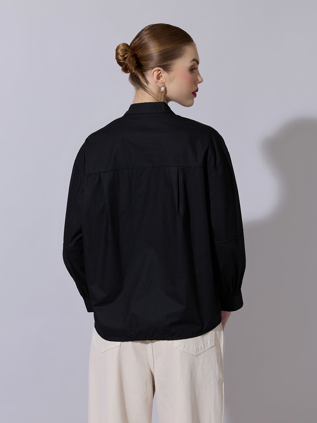 Women's Floral Embroidered Black Button-Down Shirt