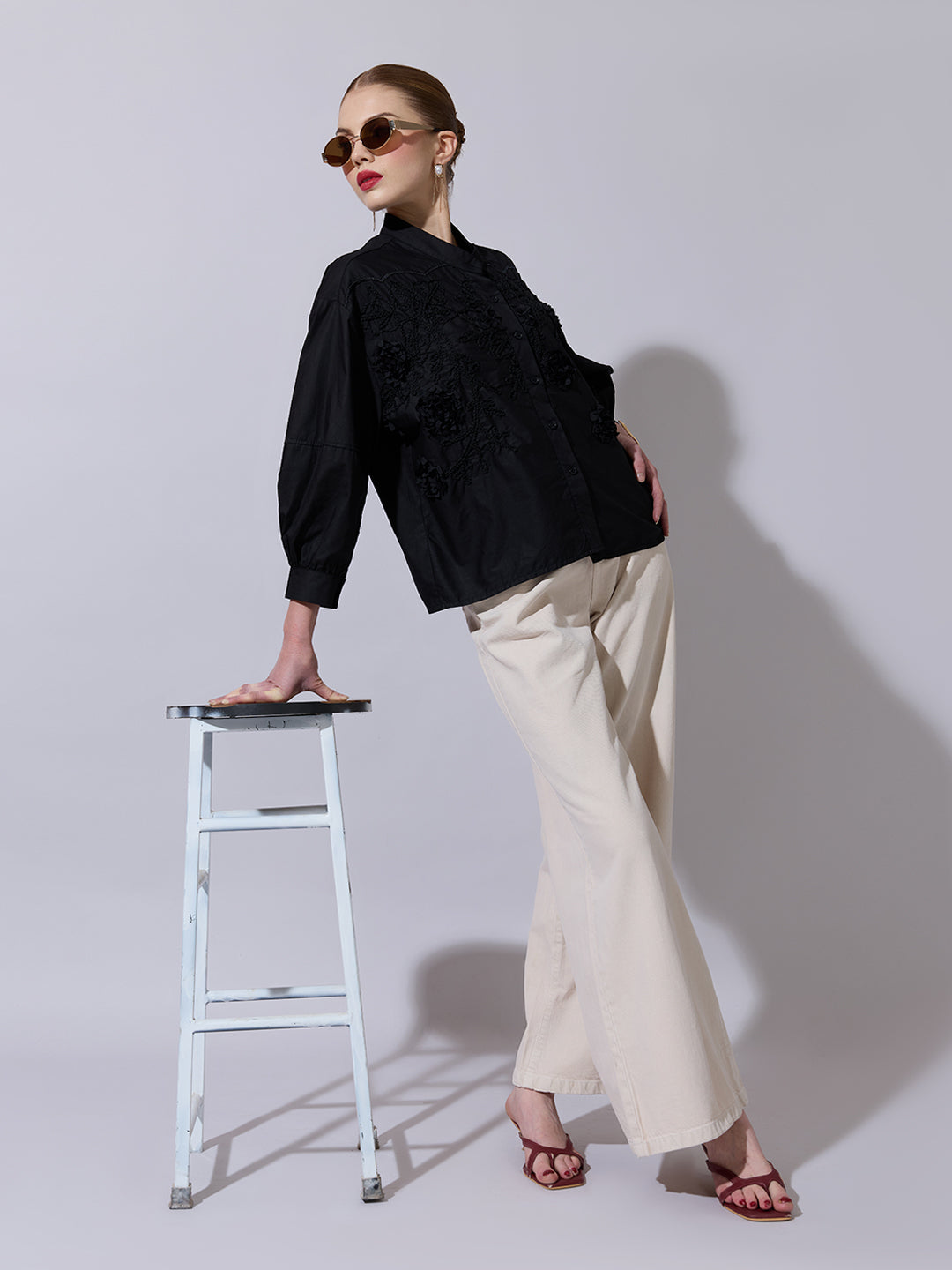 Women's Floral Embroidered Black Button-Down Shirt