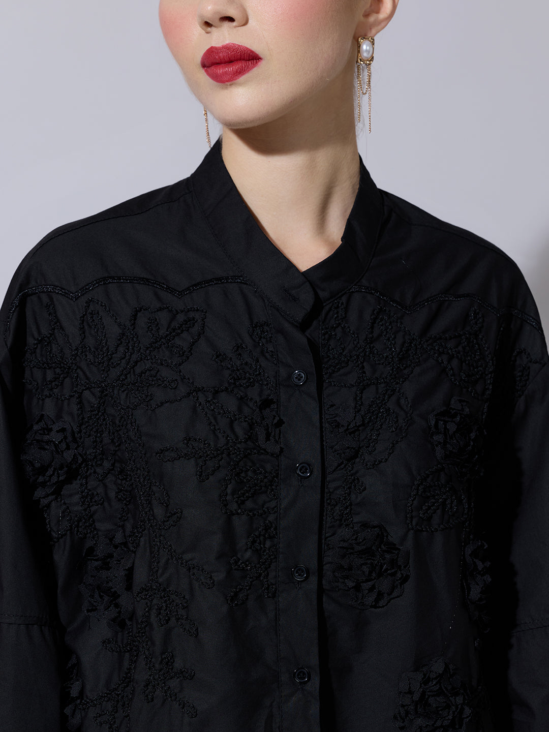 Women's Floral Embroidered Black Button-Down Shirt