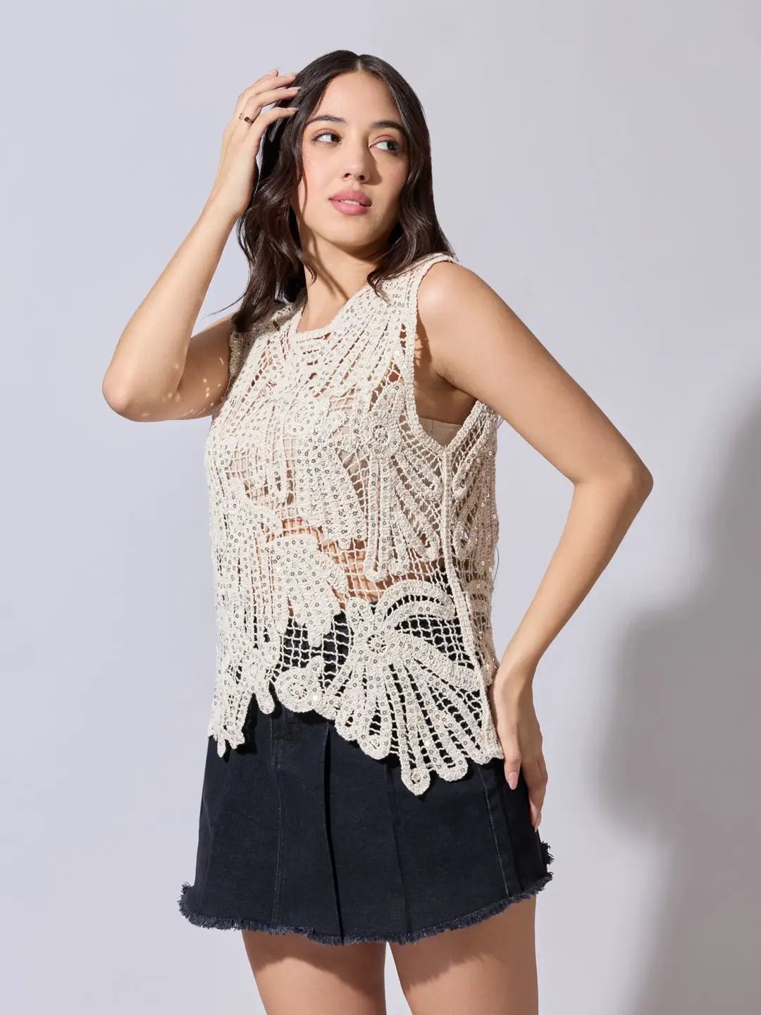 Women's Sequined Cream Crochet Sleeveless Top - from SHOWOFFFF