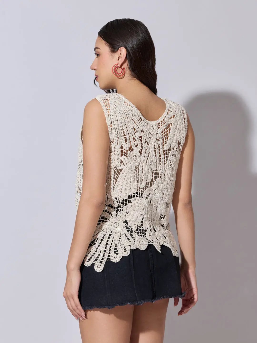 Women's Sequined Cream Crochet Sleeveless Top - from SHOWOFFFF