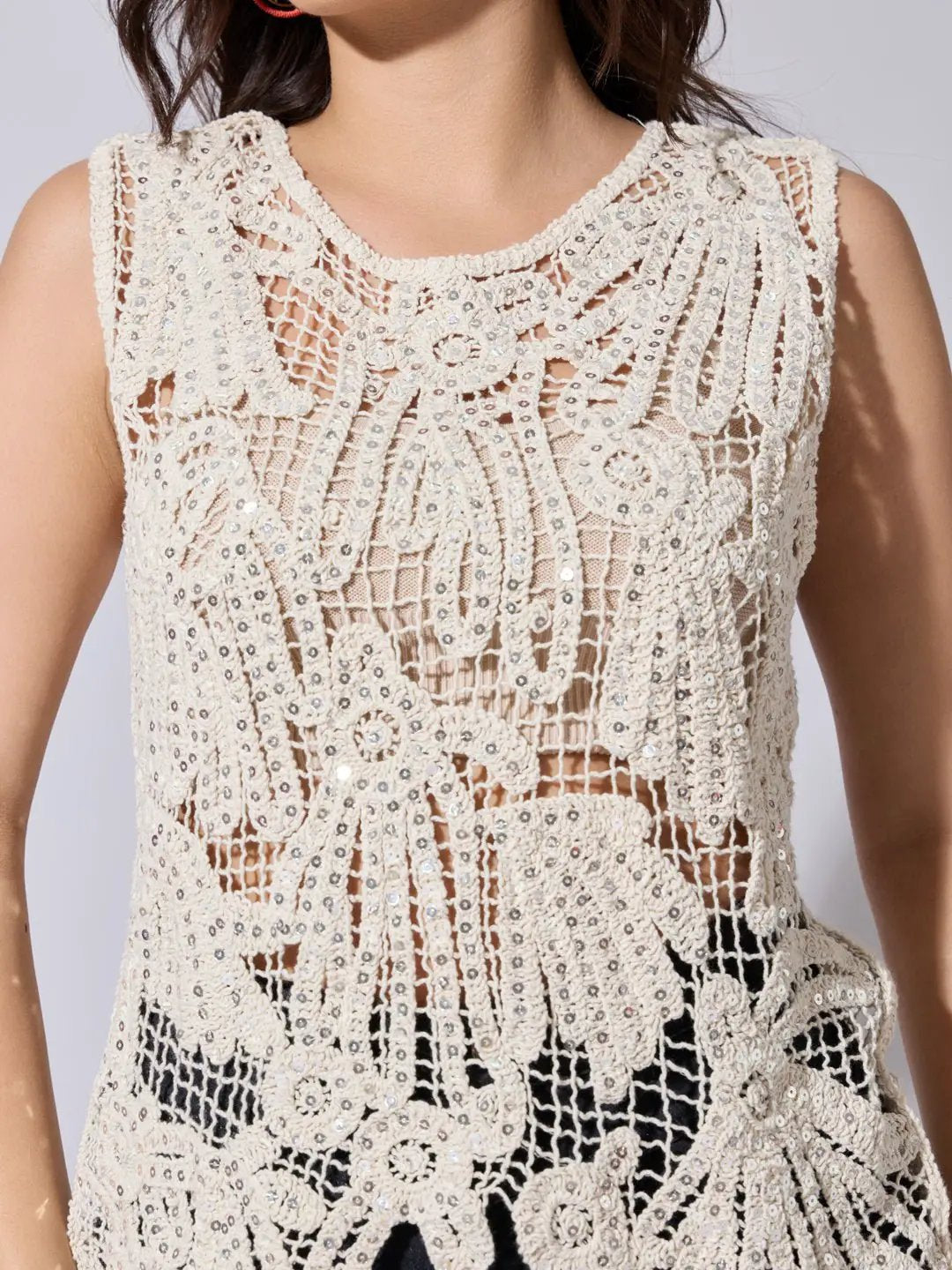 Women's Sequined Cream Crochet Sleeveless Top - from SHOWOFFFF