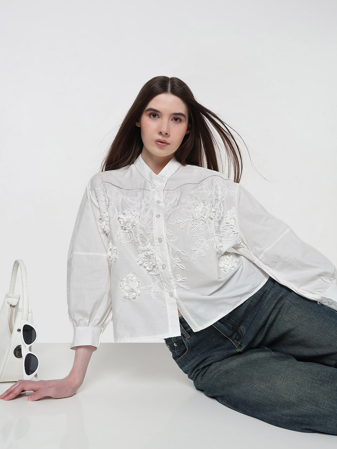 Women’s Embellished White Floral Embroidered Shirt with Balloon Sleeves
