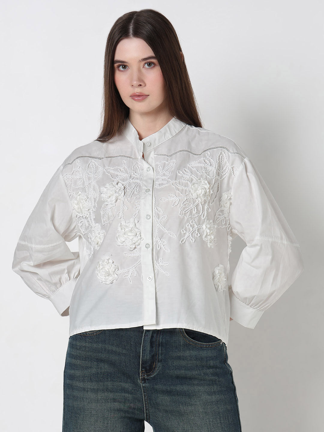 Women’s Embellished White Floral Embroidered Shirt with Balloon Sleeves