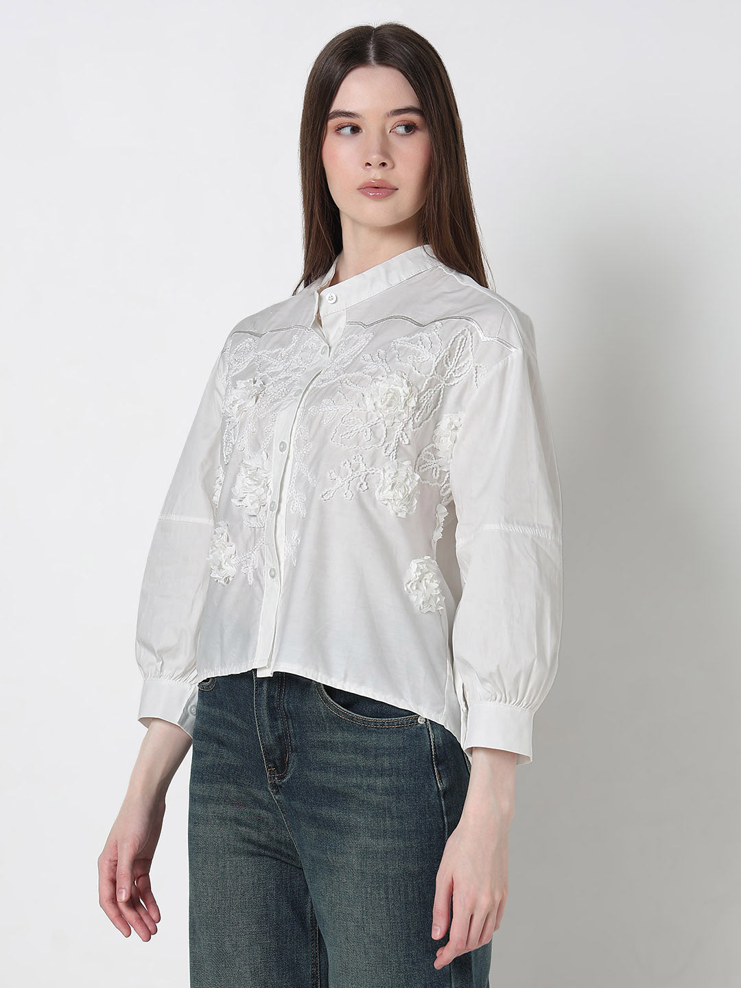 Women’s Embellished White Floral Embroidered Shirt with Balloon Sleeves