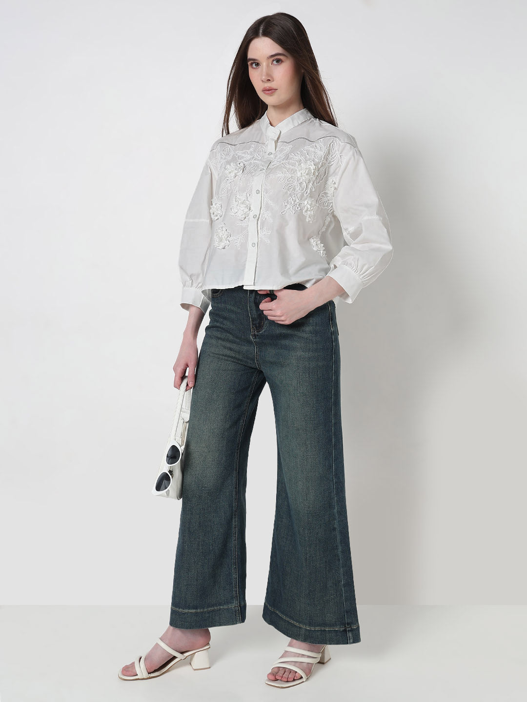 Women’s Embellished White Floral Embroidered Shirt with Balloon Sleeves