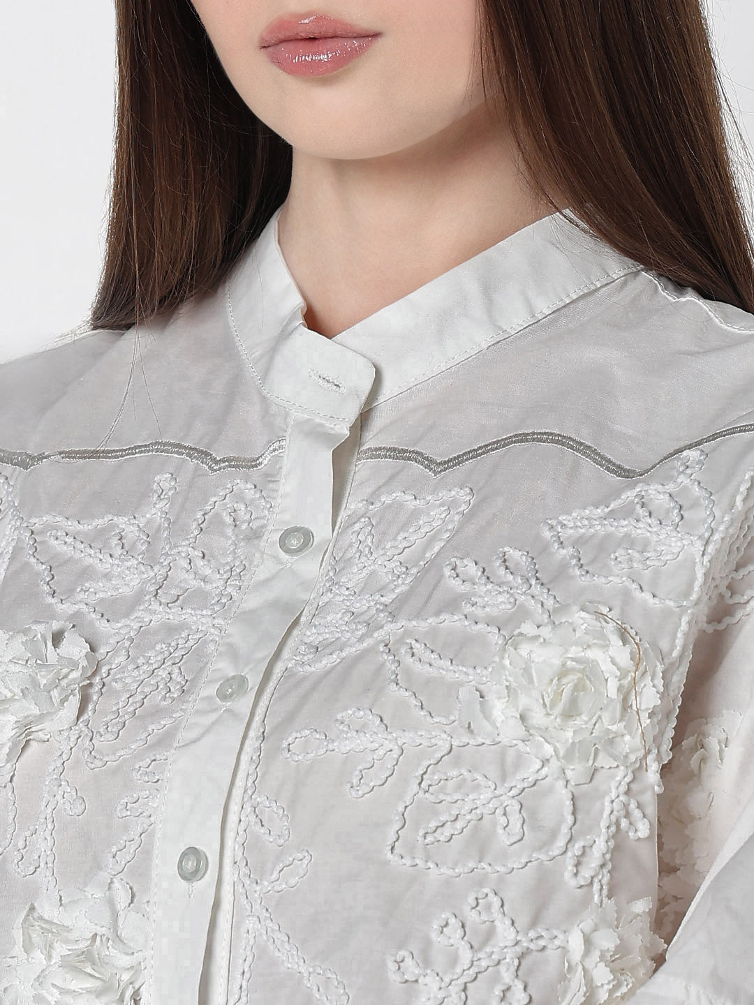 Women’s Embellished White Floral Embroidered Shirt with Balloon Sleeves