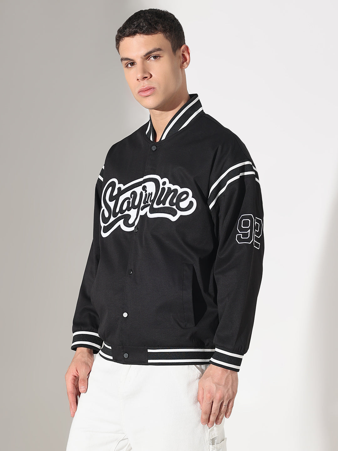 Men's Typography Black Mandarin Collar Varsity Jacket