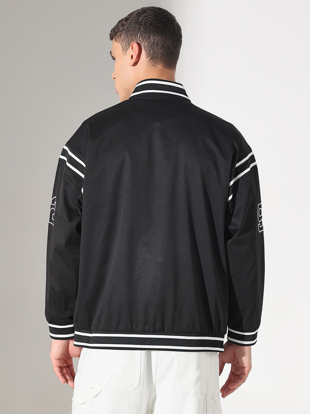 Men's Typography Black Mandarin Collar Varsity Jacket
