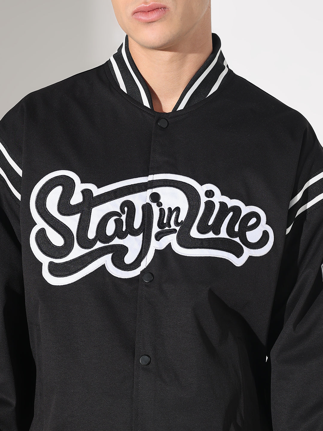 Men's Typography Black Mandarin Collar Varsity Jacket