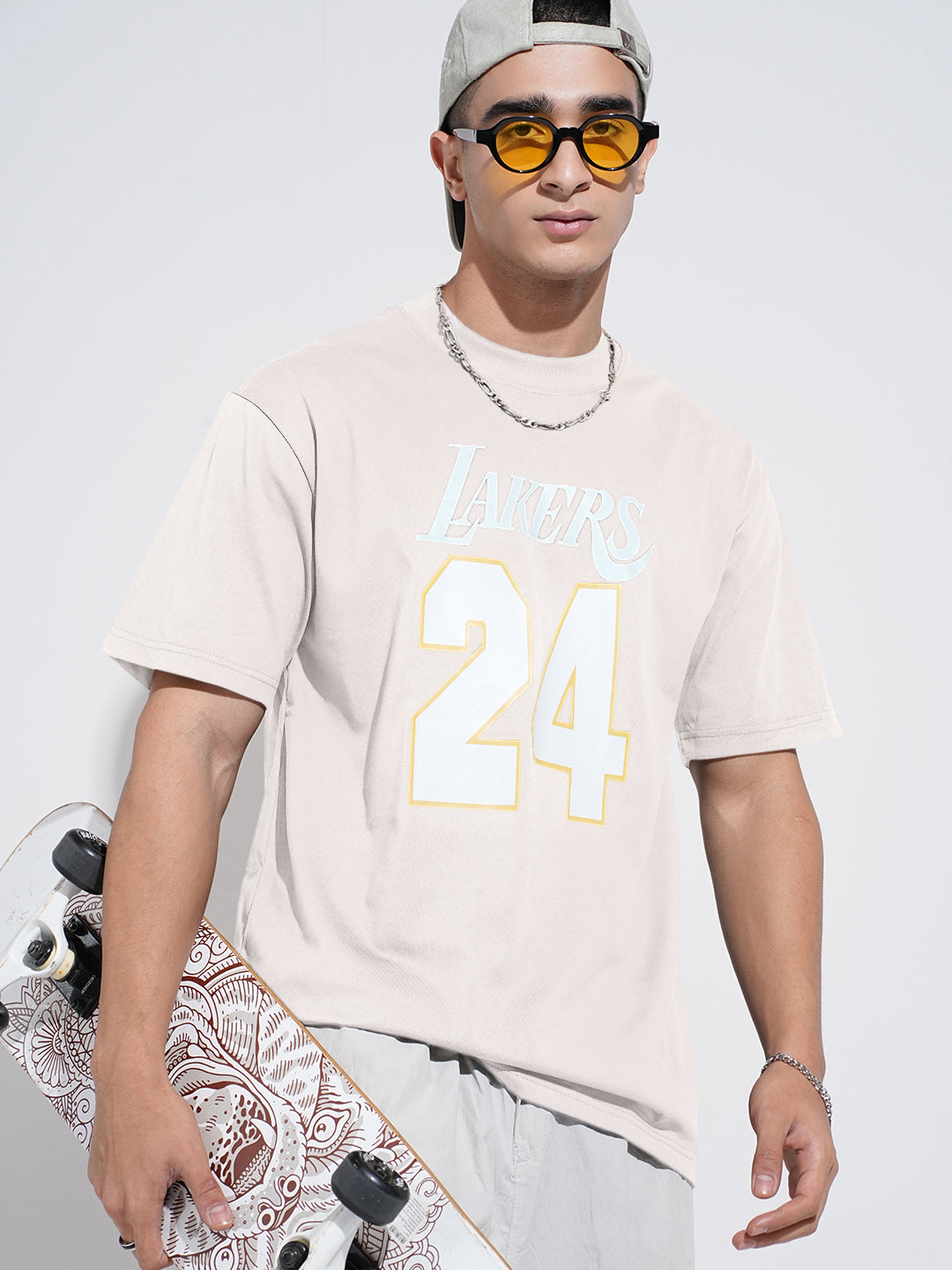 Men's Typography Cream Graphic Printed  Round Neck T-Shirt