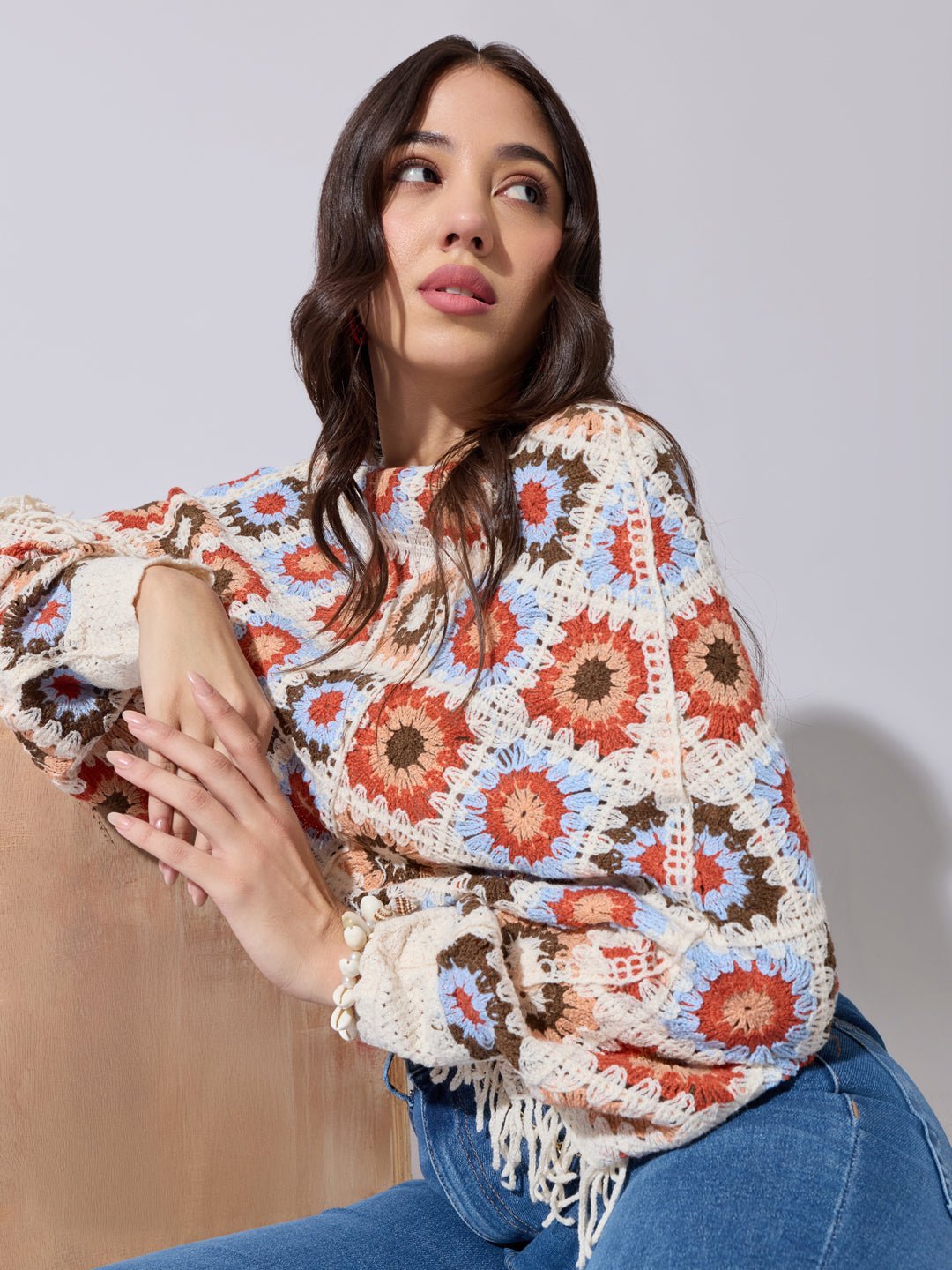 Women's Cream And Multicolor Crochet Crop Top with Fringe Hem