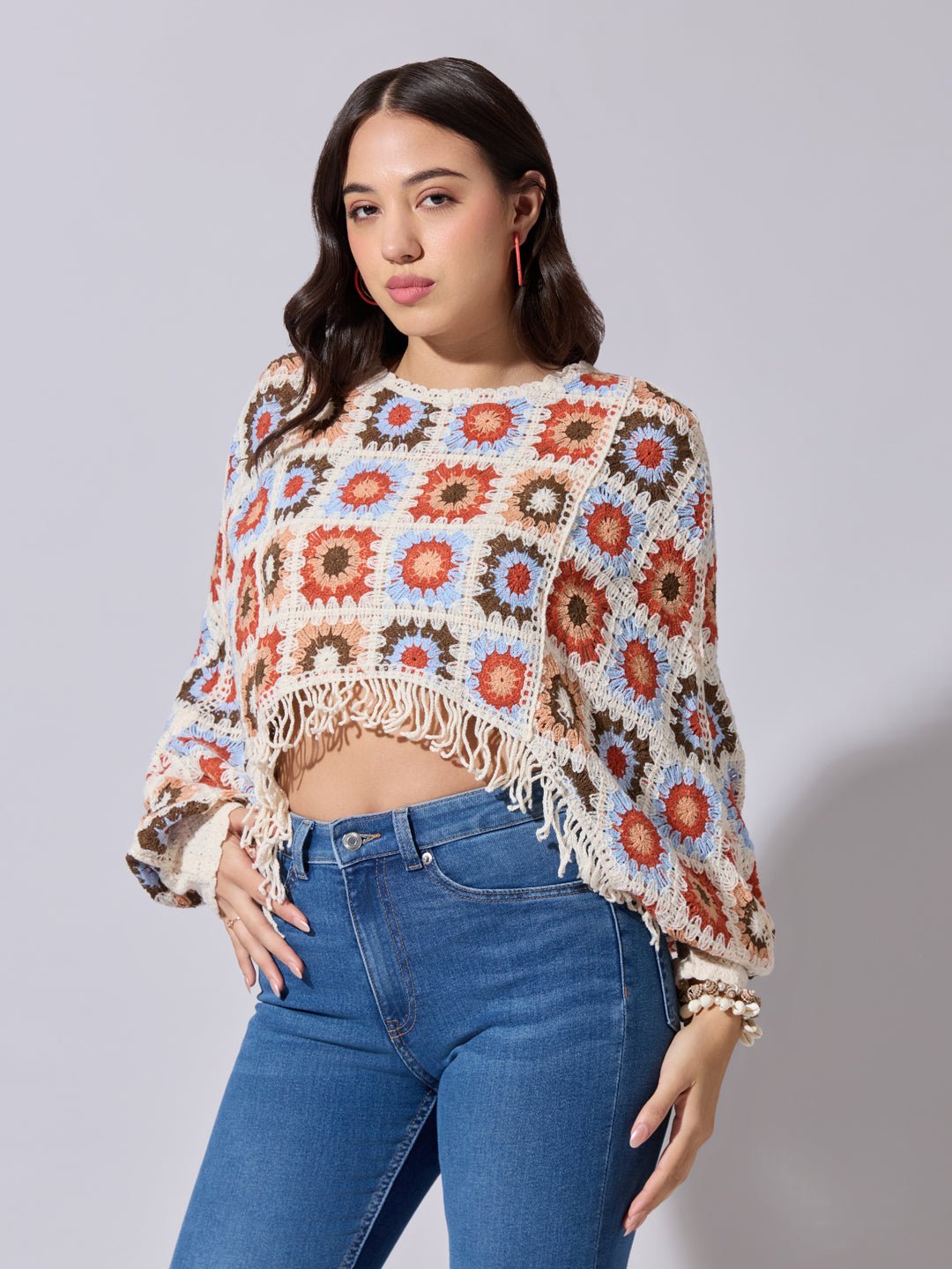 Women's Cream And Multicolor Crochet Crop Top with Fringe Hem