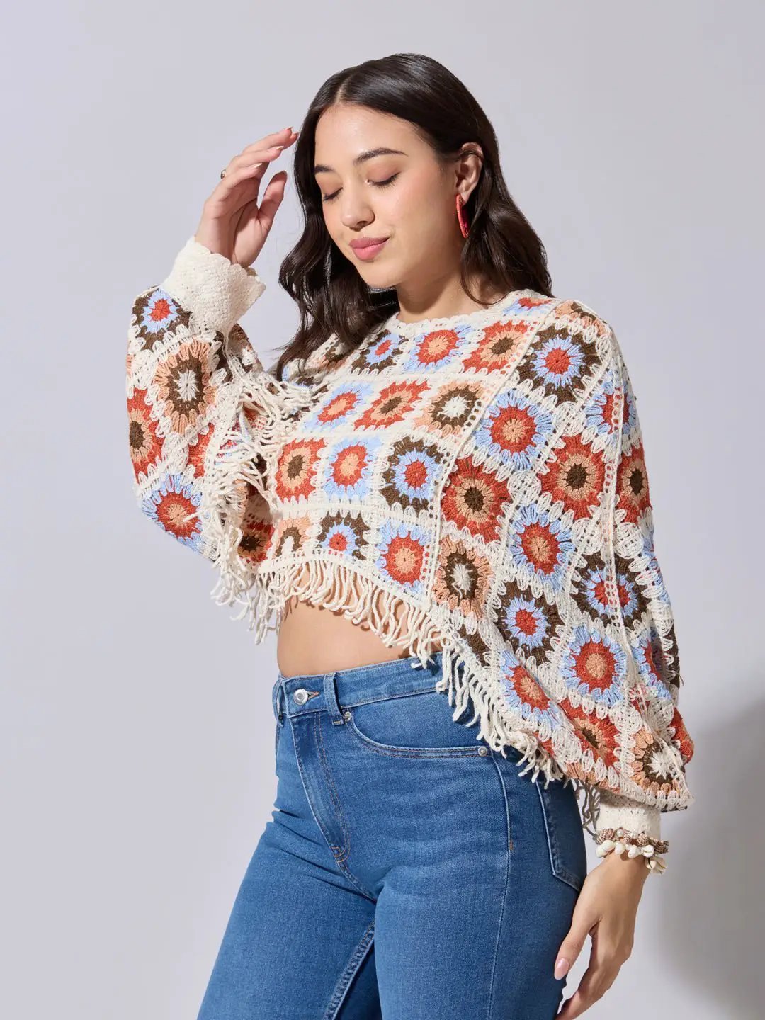 Women's Cream And Multicolor Crochet Crop Top with Fringe Hem - from SHOWOFFFF
