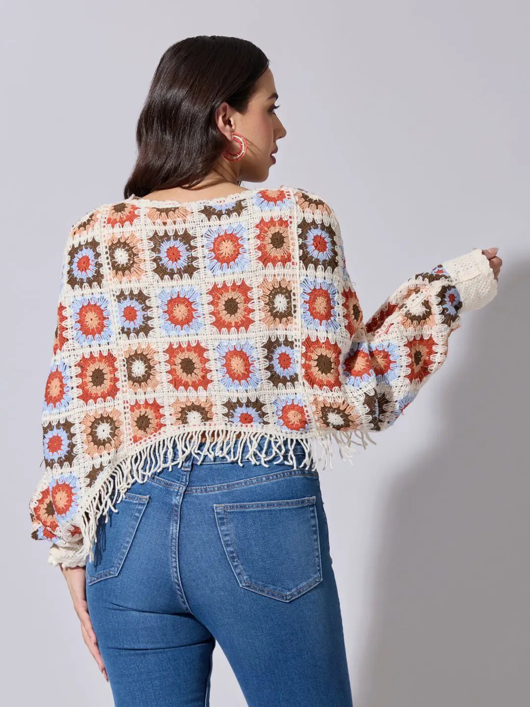 Women's Cream And Multicolor Crochet Crop Top with Fringe Hem - from SHOWOFFFF