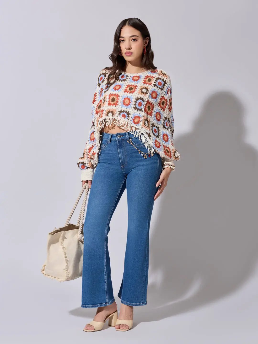 Women's Cream And Multicolor Crochet Crop Top with Fringe Hem - from SHOWOFFFF