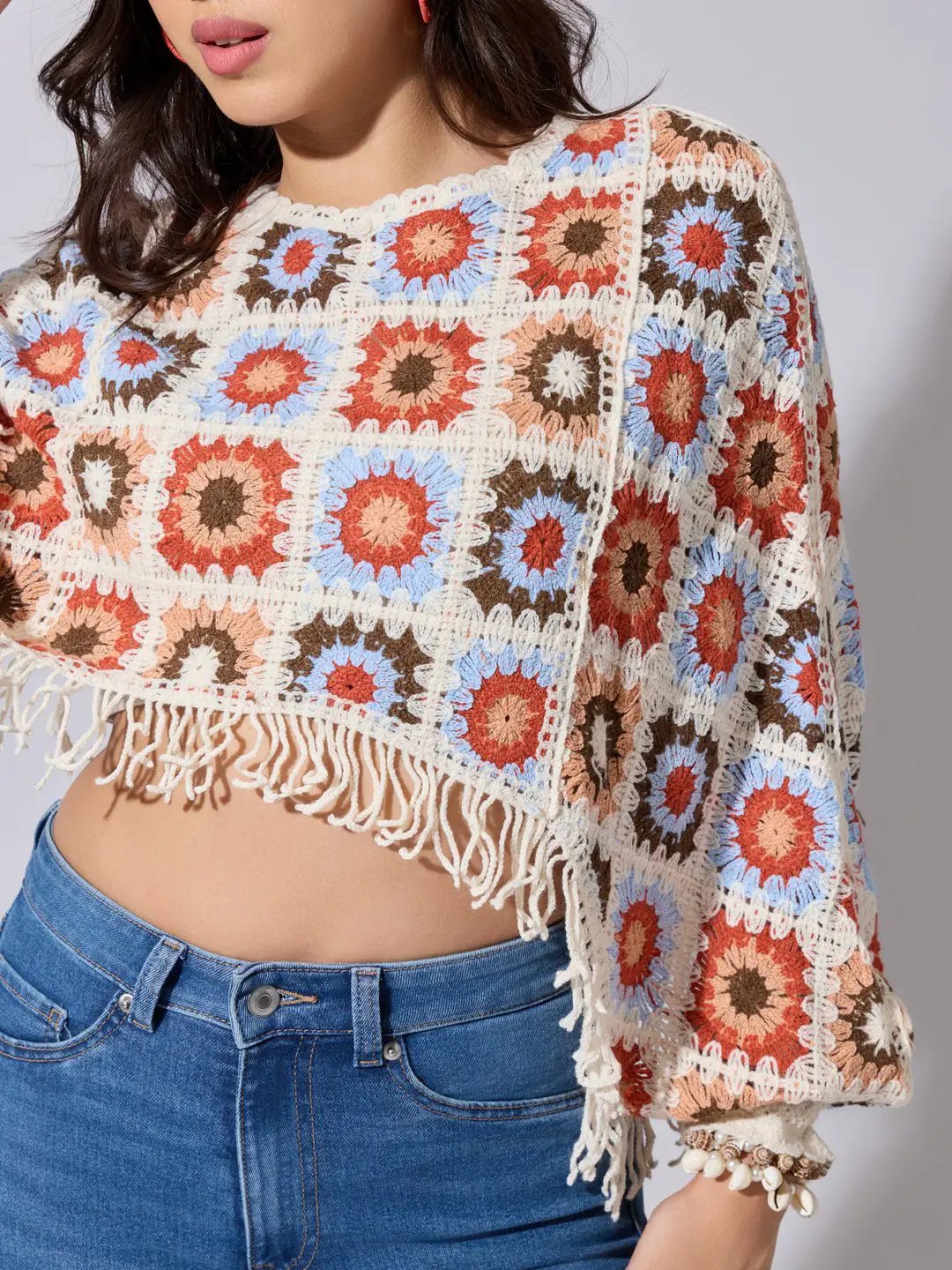 Women's Cream And Multicolor Crochet Crop Top with Fringe Hem - from SHOWOFFFF