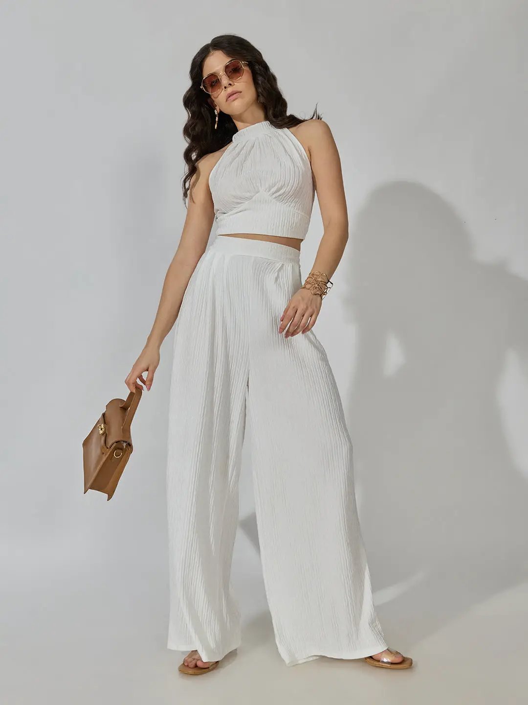 Women's Textured White Halter Neck Top with Pants Co-Ords Set - from SHOWOFFFF