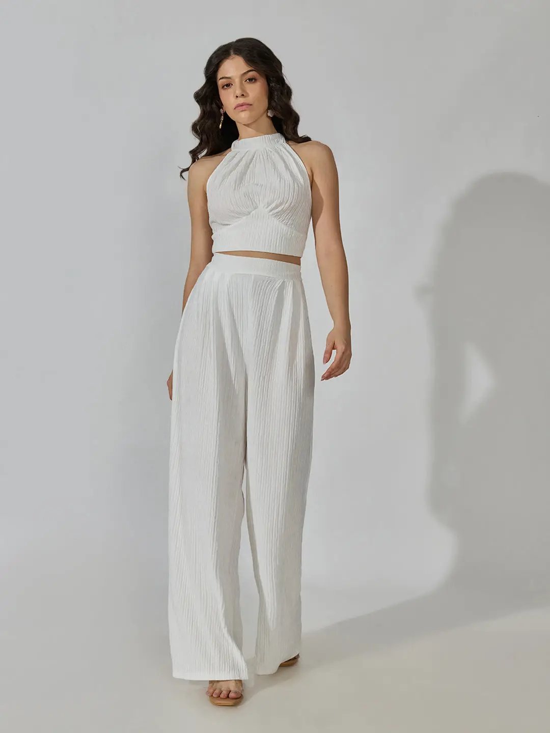 Women's Textured White Halter Neck Top with Pants Co-Ords Set - from SHOWOFFFF
