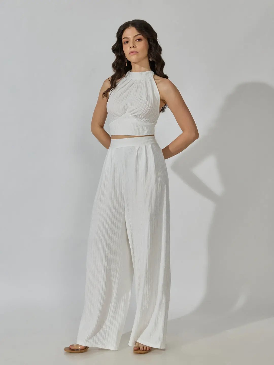 Women's Textured White Halter Neck Top with Pants Co-Ords Set - from SHOWOFFFF