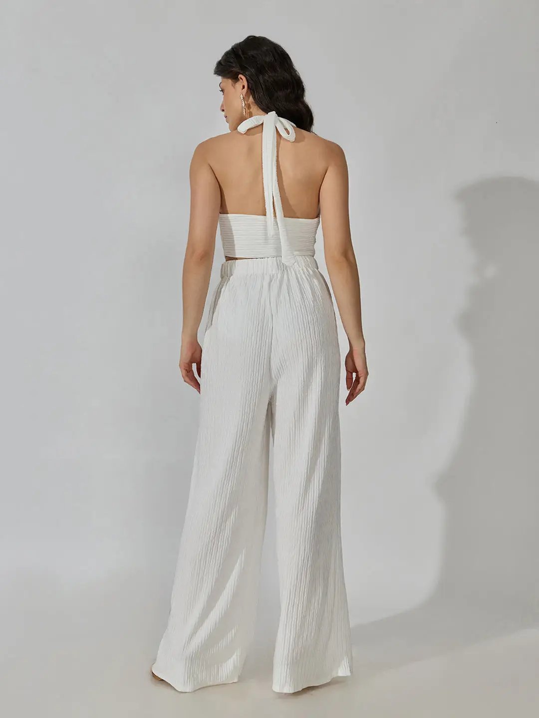 Women's Textured White Halter Neck Top with Pants Co-Ords Set - from SHOWOFFFF