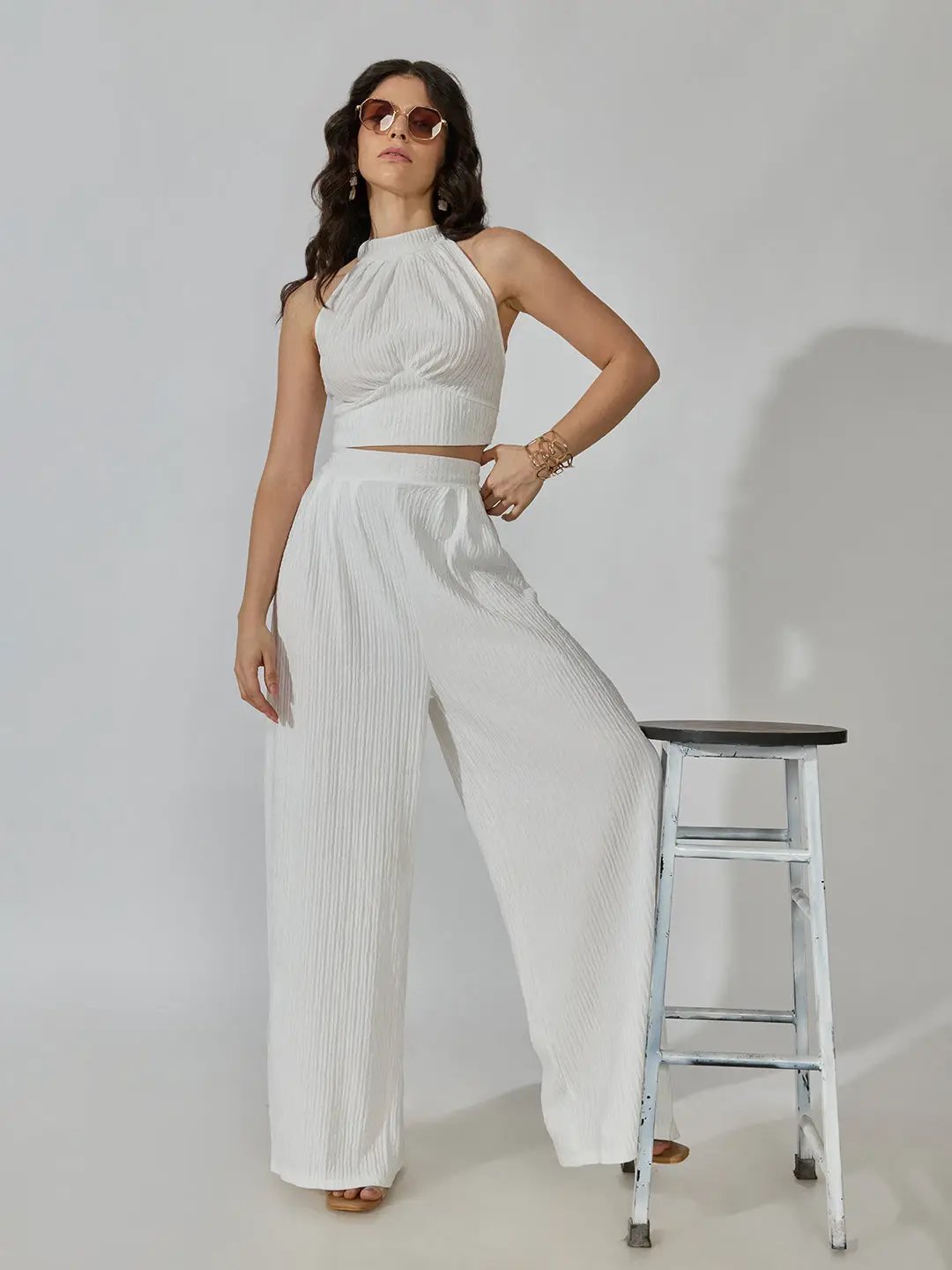 Women's Textured White Halter Neck Top with Pants Co-Ords Set - from SHOWOFFFF
