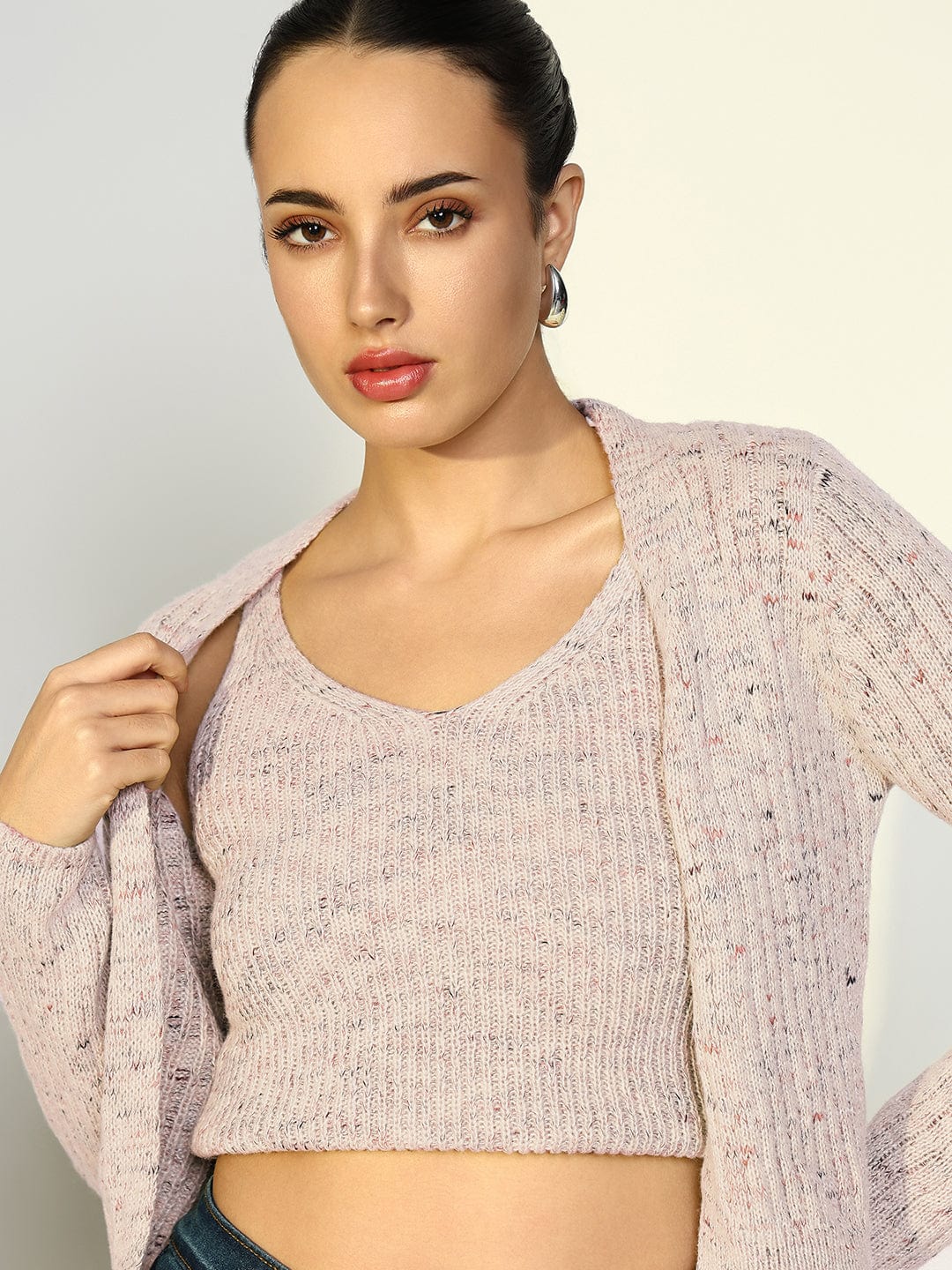 Women's Pink Round Neck Crop Top with Shrug