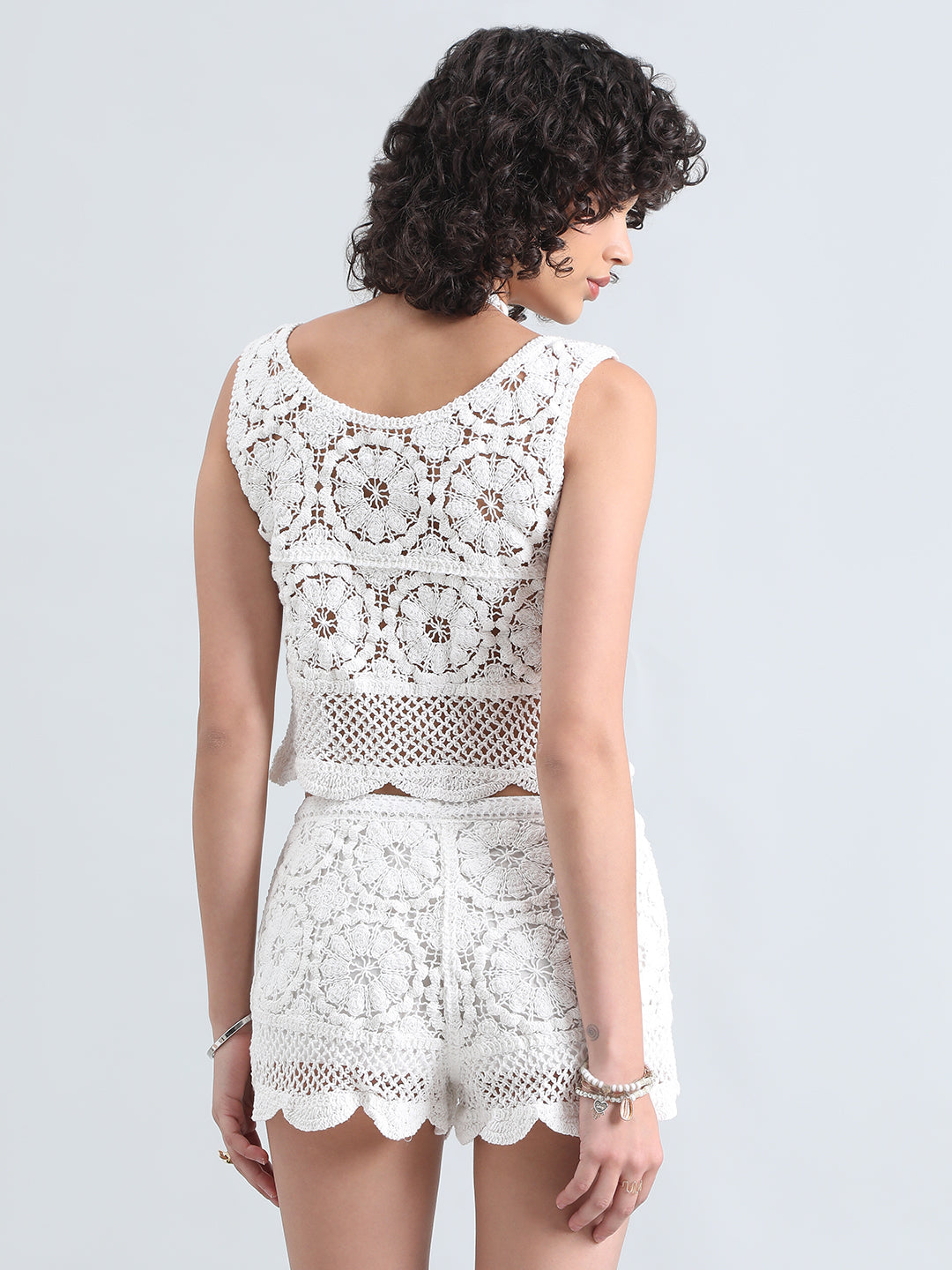Women's White Crochet Top and Shorts Co-Ord Set