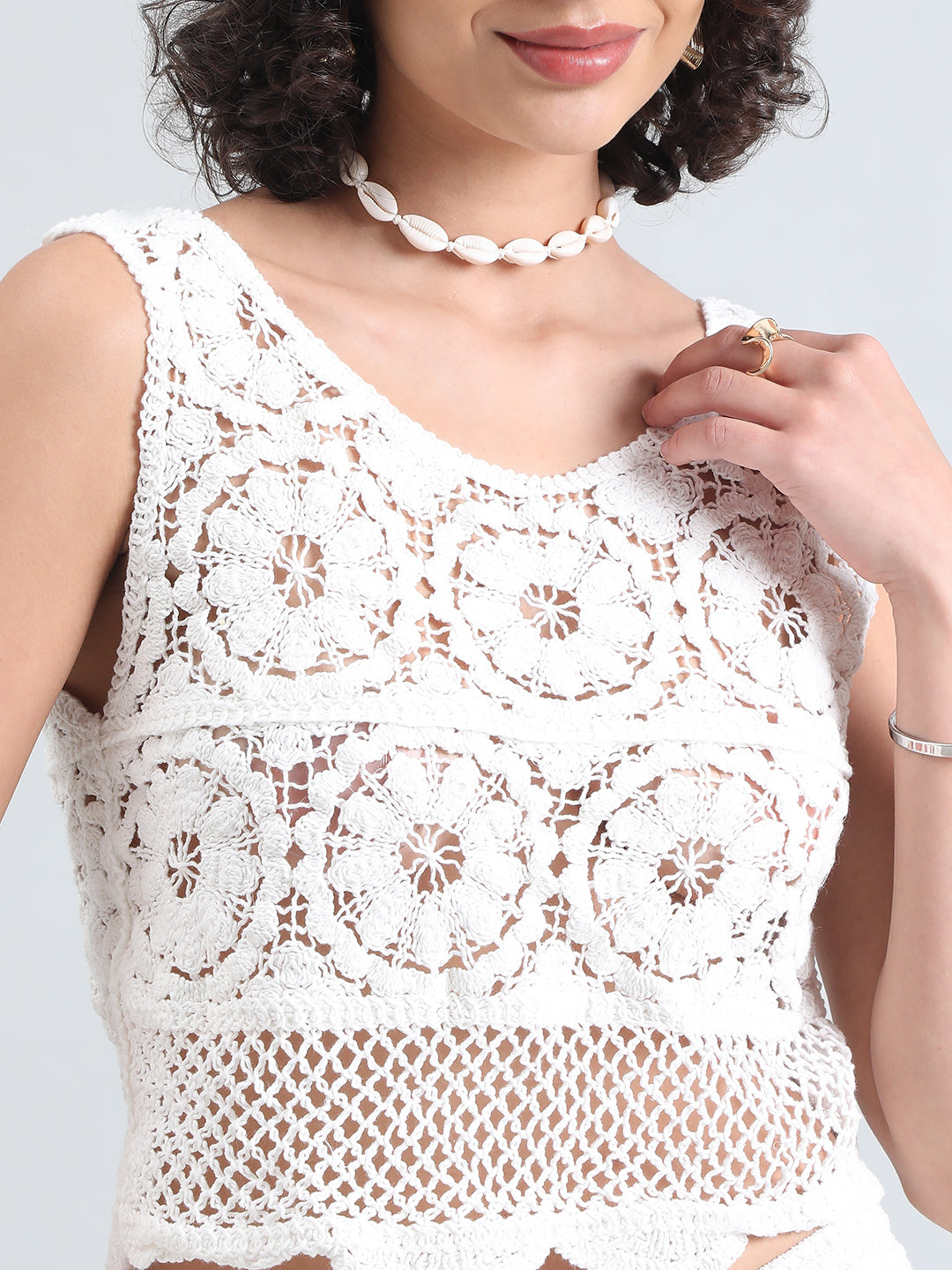 Women's White Crochet Top and Shorts Co-Ord Set