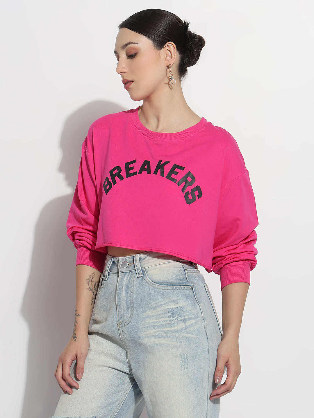 Women's Typography Pink Crew Neck Crop Top