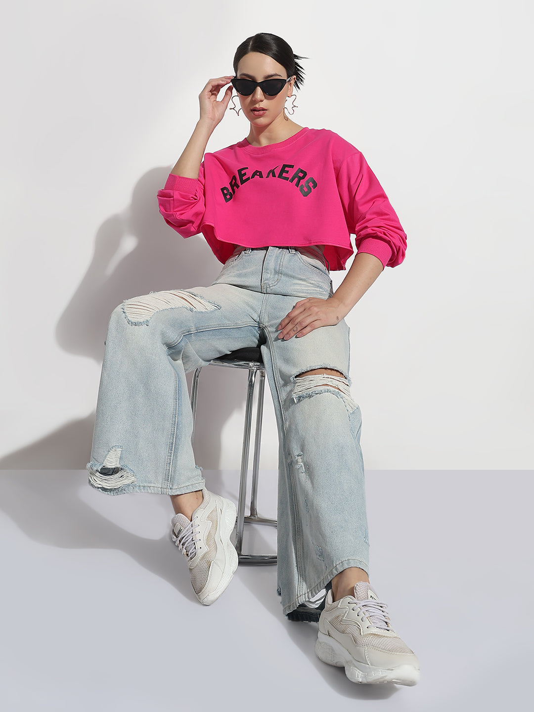 Women's Typography Pink Crew Neck Crop Top