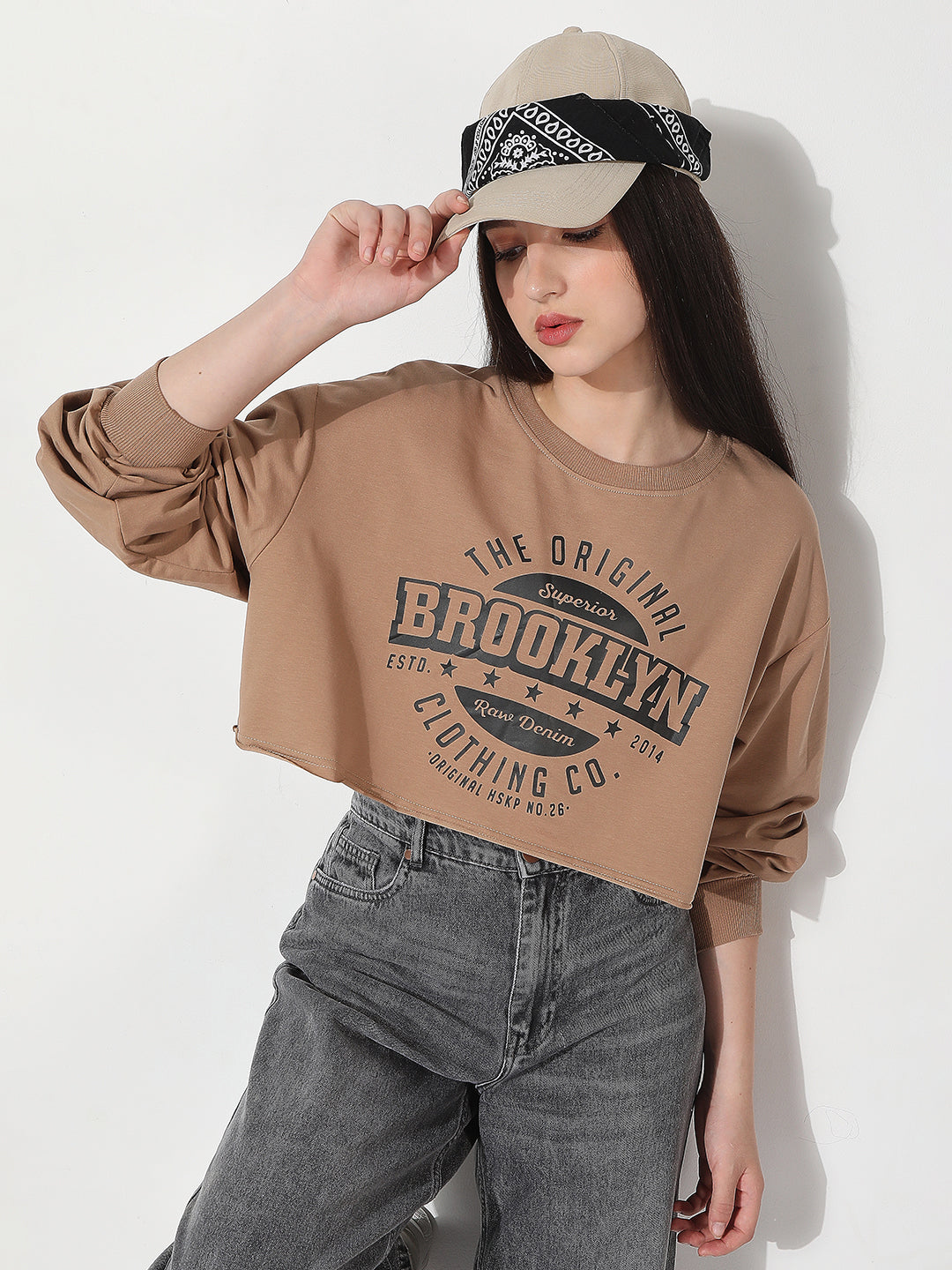 Women's Typography Brown Crew Neck Crop Top