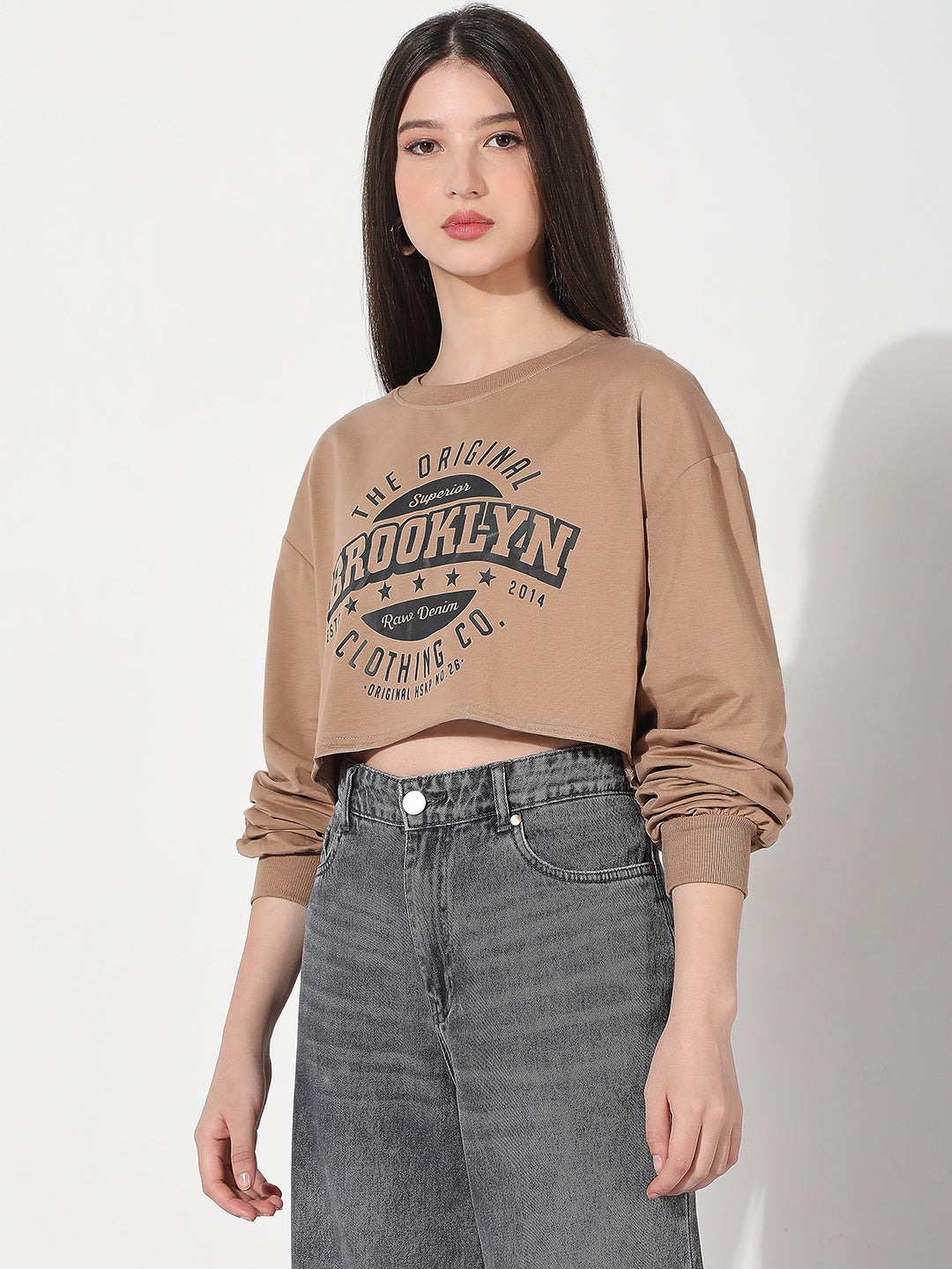 Women's Typography Brown Crew Neck Crop Top