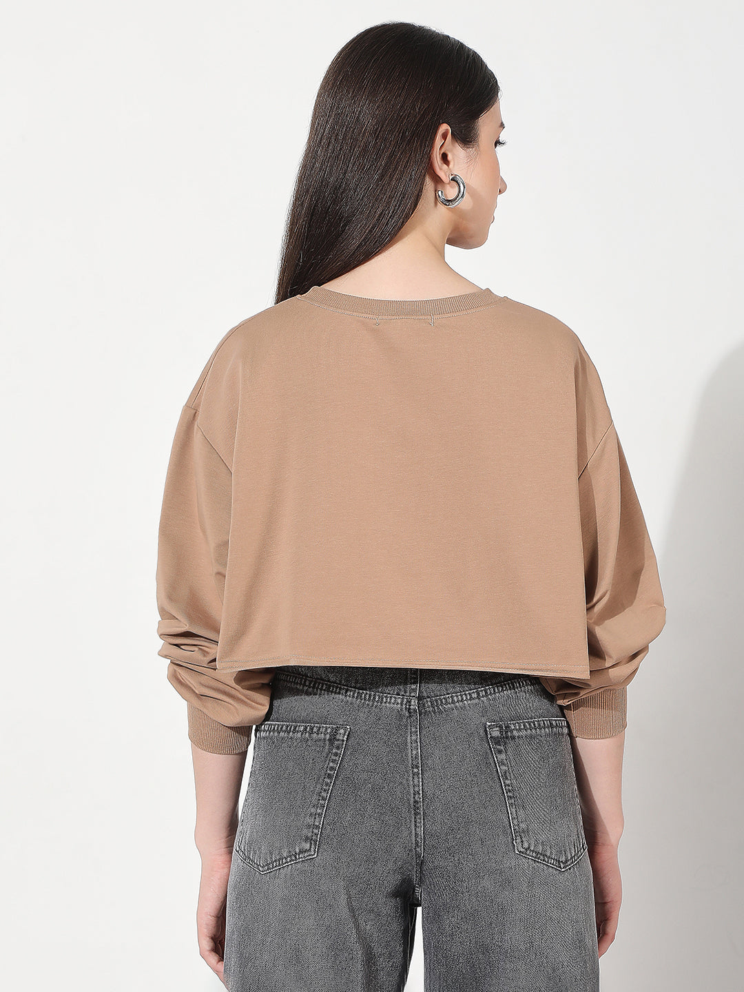 Women's Typography Brown Crew Neck Crop Top