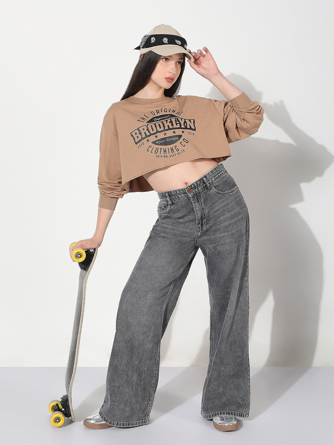Women's Typography Brown Crew Neck Crop Top