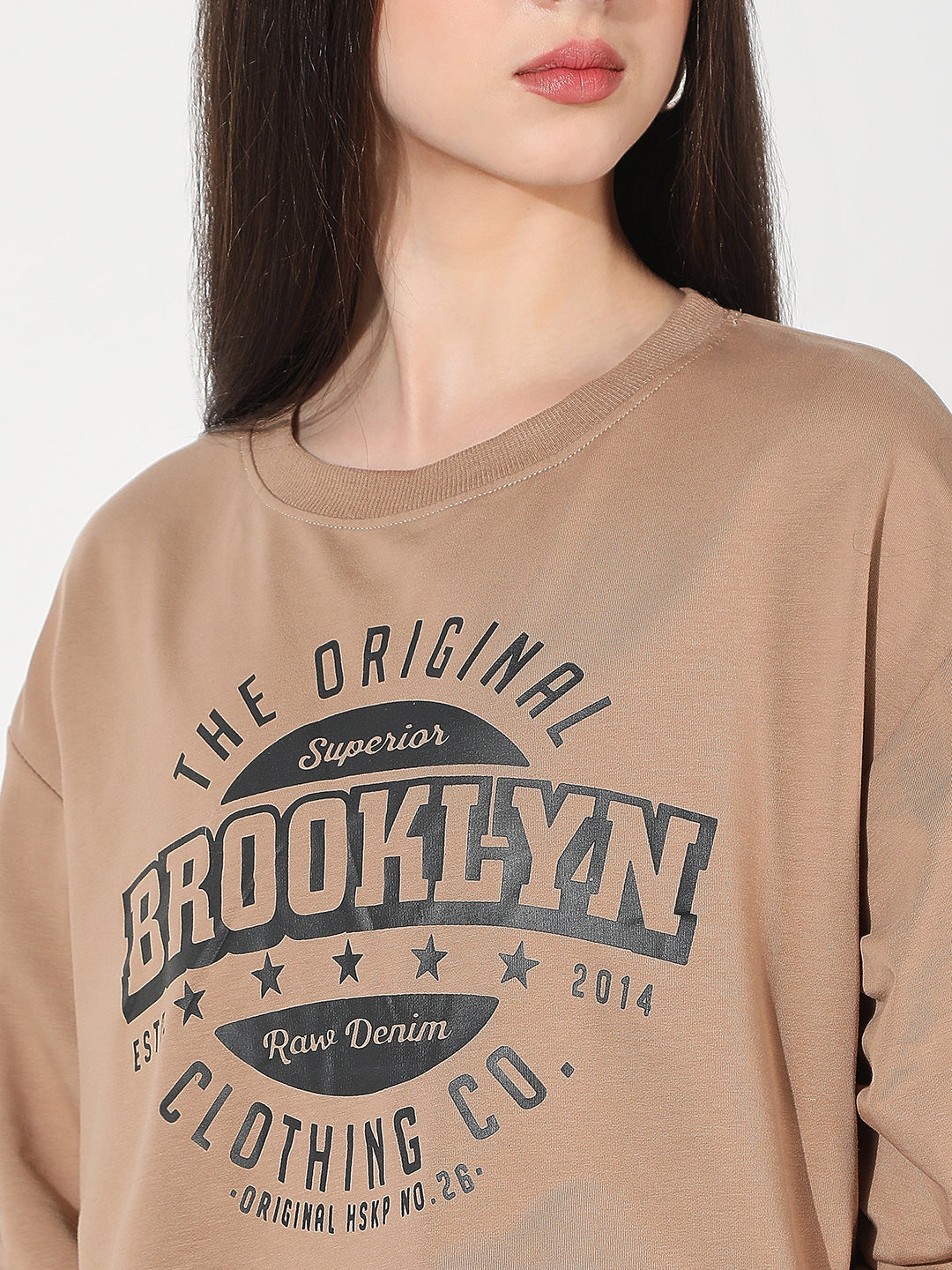 Women's Typography Brown Crew Neck Crop Top