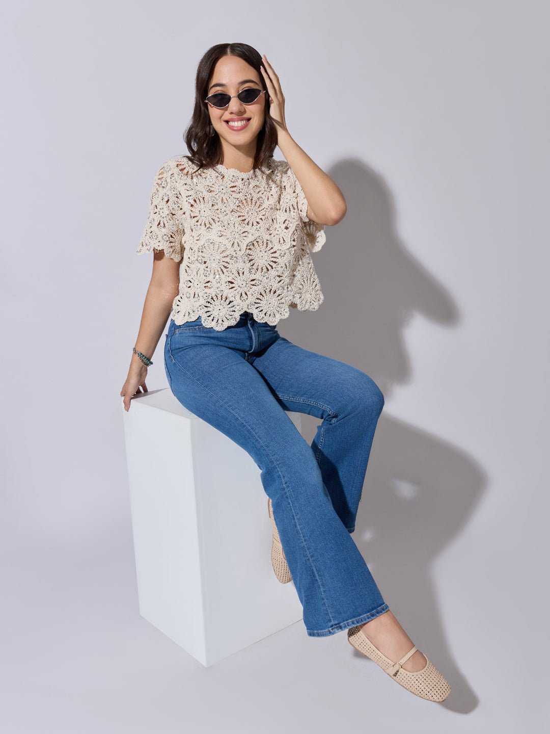 Women's Sequined Cream Floral Crochet Top