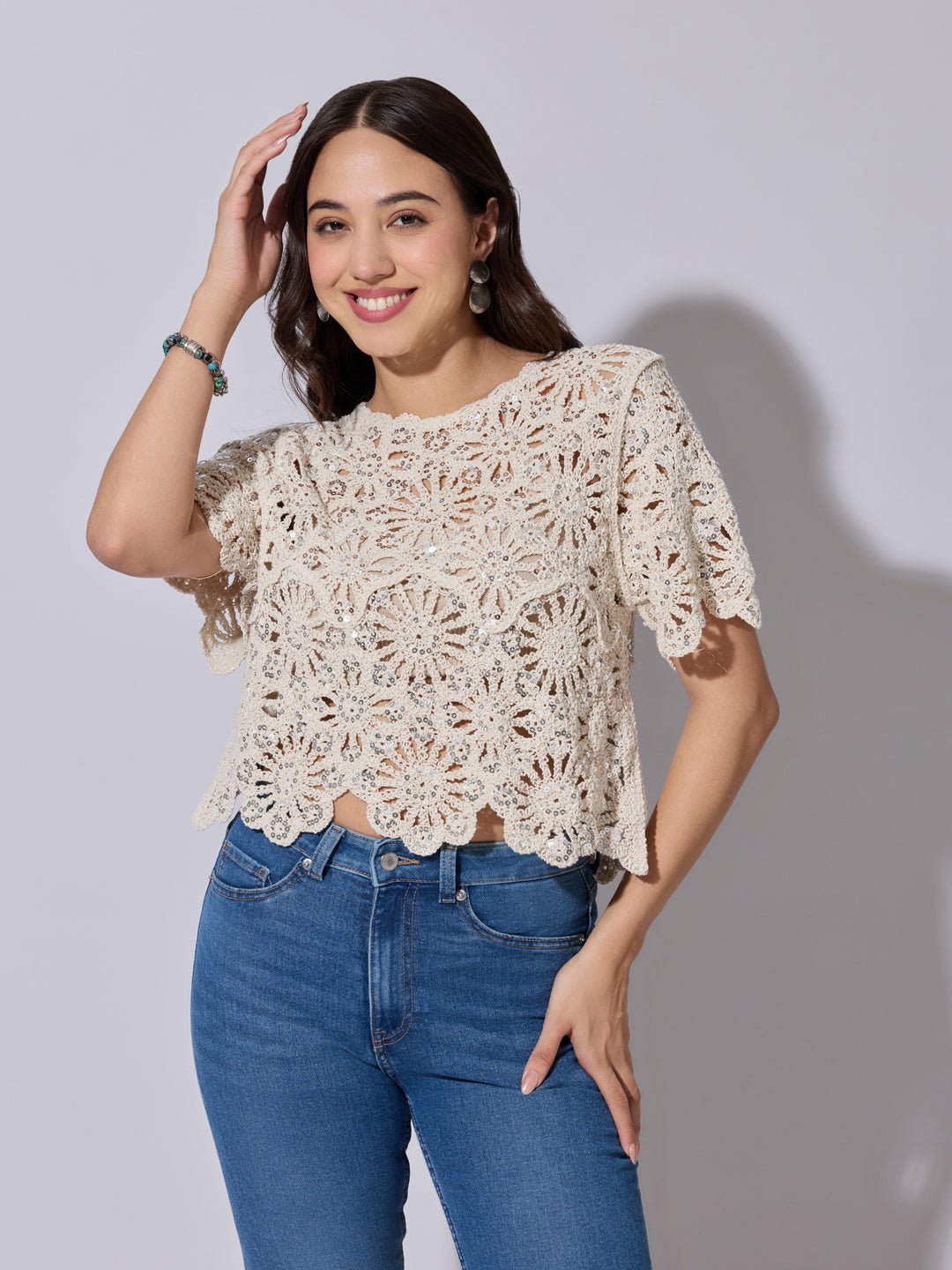Women's Sequined Cream Floral Crochet Top