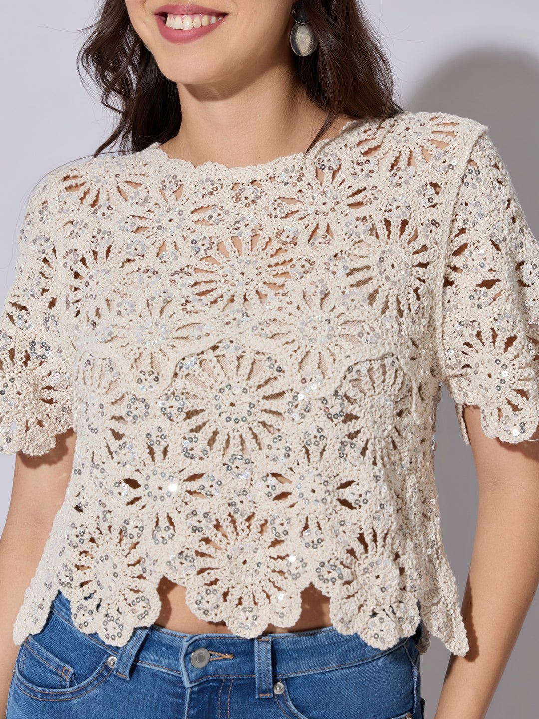 Women's Sequined Cream Floral Crochet Top
