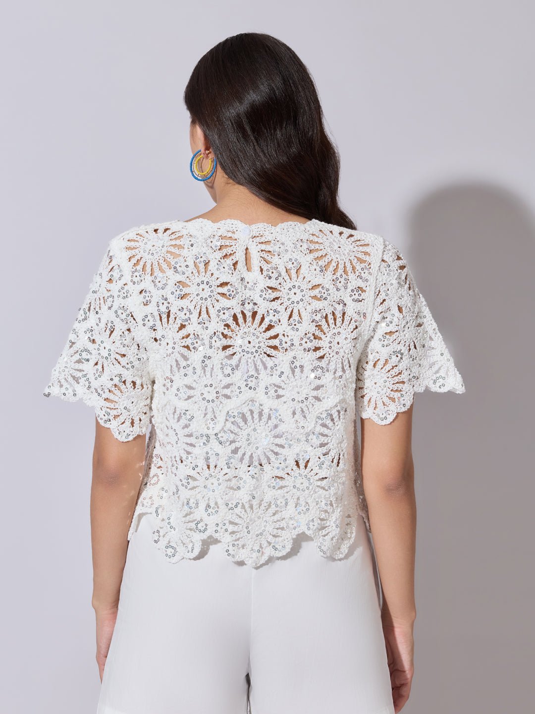 Women's Sequined White Floral Crochet Top