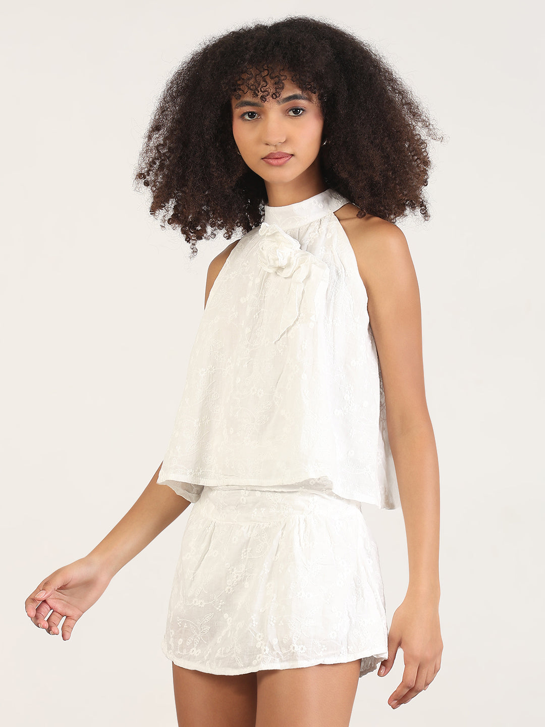 Women's Embroidered White Co-Ords Set with Brooch