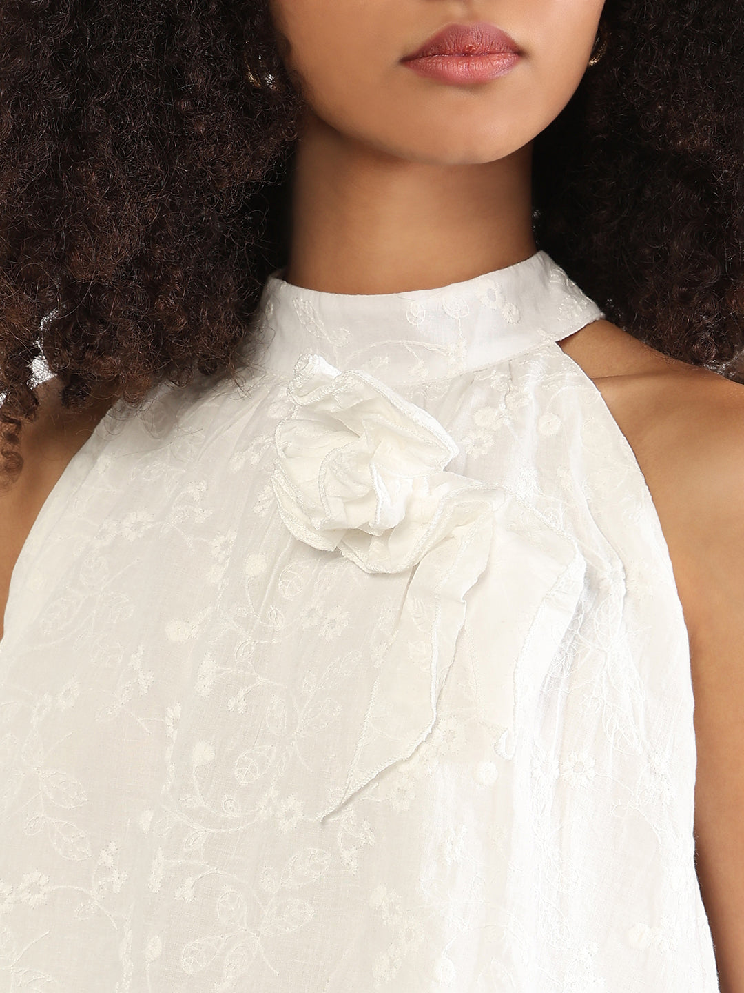 Women's Embroidered White Co-Ords Set with Brooch