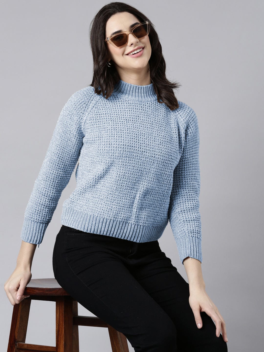 Women's Blue Textured Knit Pullover Sweater