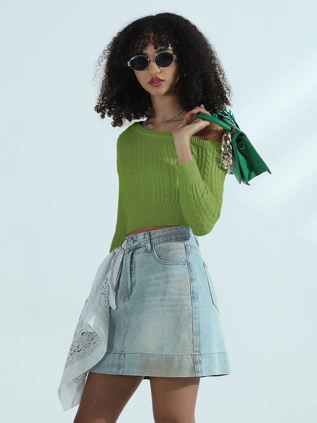 Women's Ribbed Green Off Shoulder Crop Top