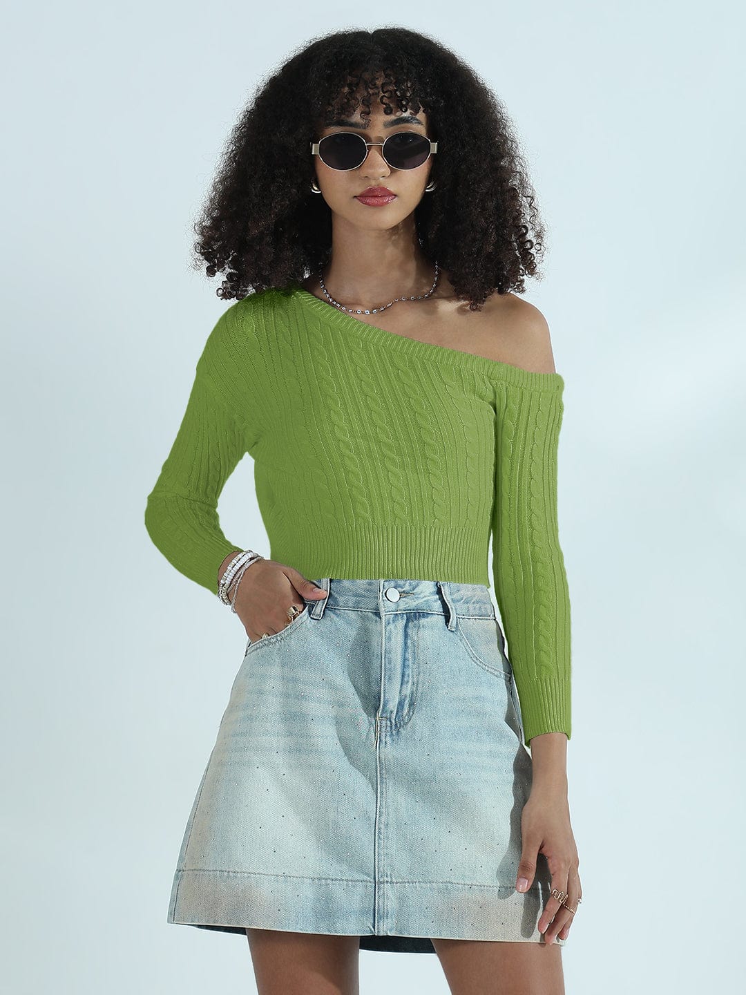 Women's Ribbed Green Off Shoulder Crop Top
