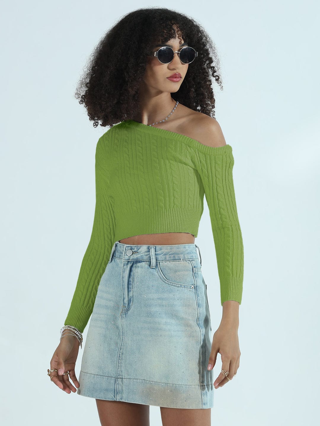 Women's Ribbed Green Off Shoulder Crop Top