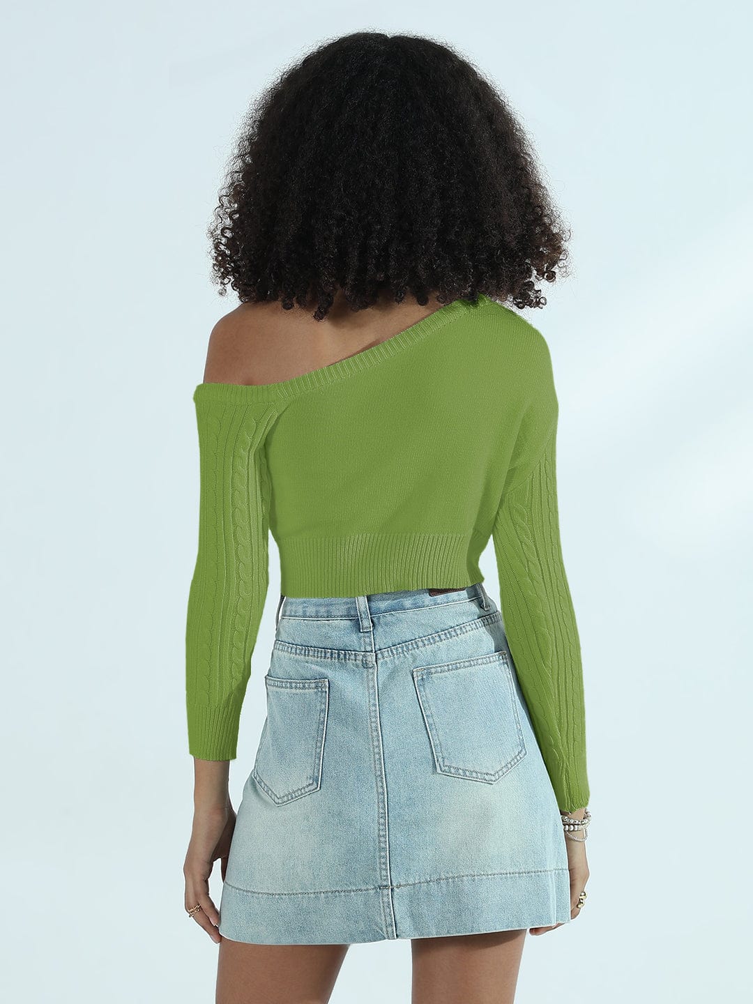 Women's Ribbed Green Off Shoulder Crop Top